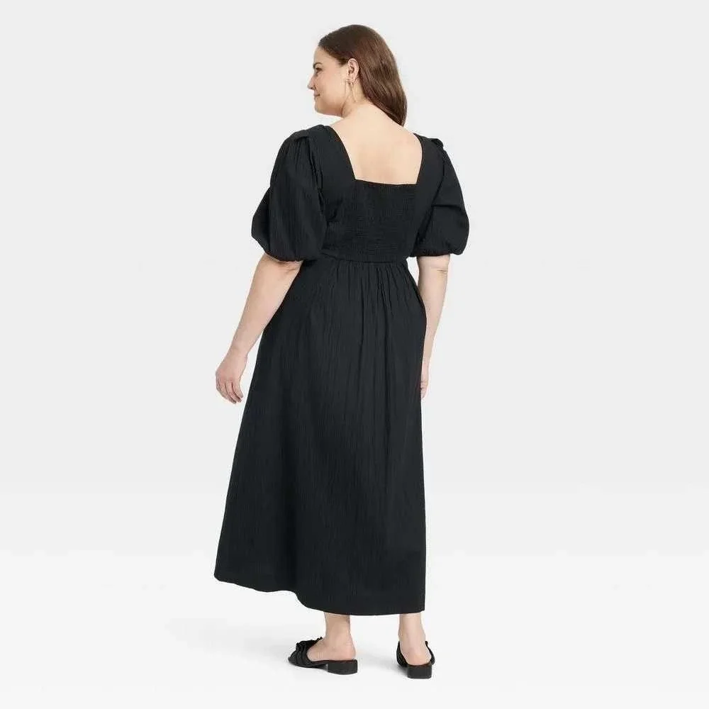 Black Milkmaid Square Neck Crinkle Puff‎ Sleeve Maxi Dress Size Large Cottage